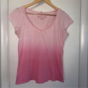 Arizona Y2K V-Neck Sequin T-Shirt. Ombré Pink. Size: Large.